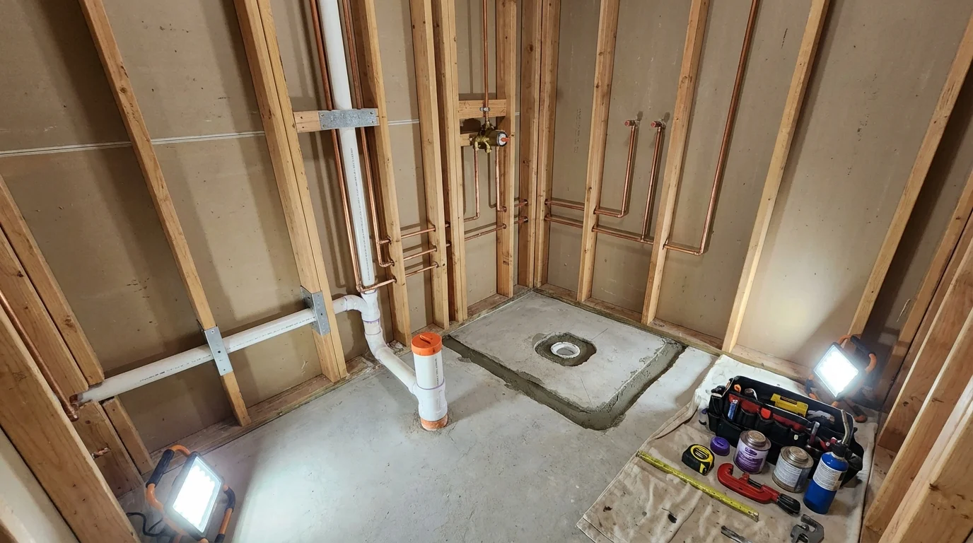 Bathroom rough-in plumbing during remodel by Johns Plumbing LLC in East Haddam