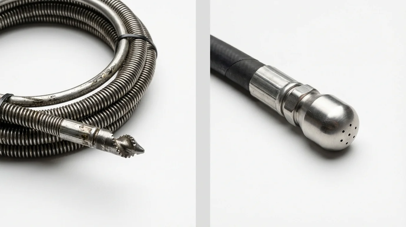 Drain snake cable and hydro jetting nozzle used for drain cleaning in East Haddam, CT