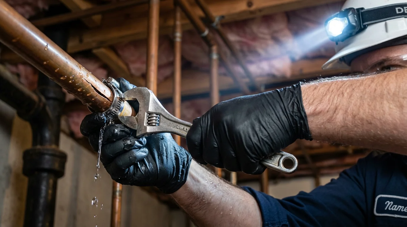 Emergency pipe clamp repair being performed by a Johns Plumbing LLC plumber in East Haddam