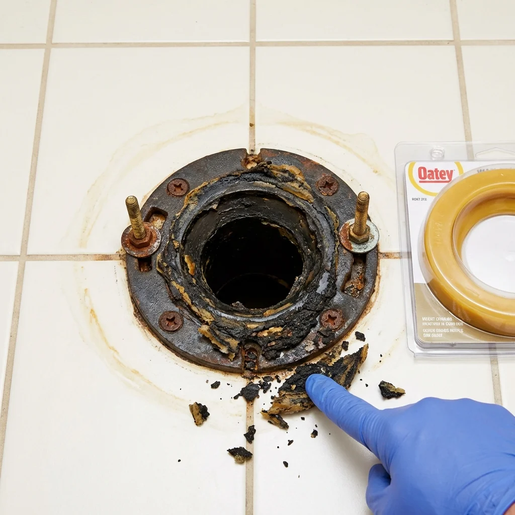 Failed wax ring showing water seepage at the base of a toilet in a East Haddam, CT home