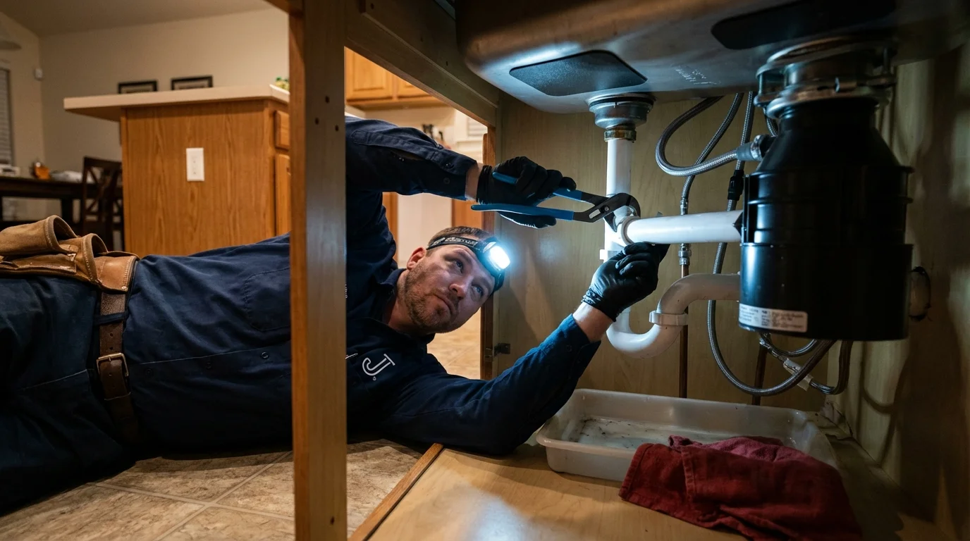 P-trap and supply line connections under a kitchen sink showing a common leak point in East Haddam, CT